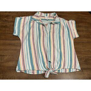 Linen Blend Striped Top Women's Small Knotted Front Summer Beachy Vacation